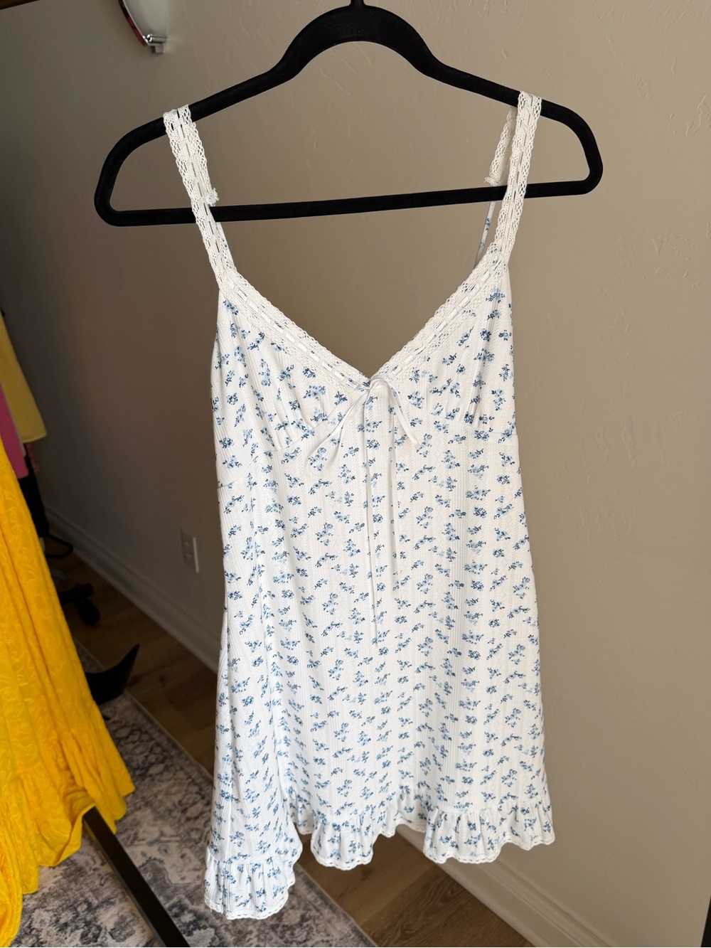 White Slip Dress with Blue Floral Print and Lace Trim